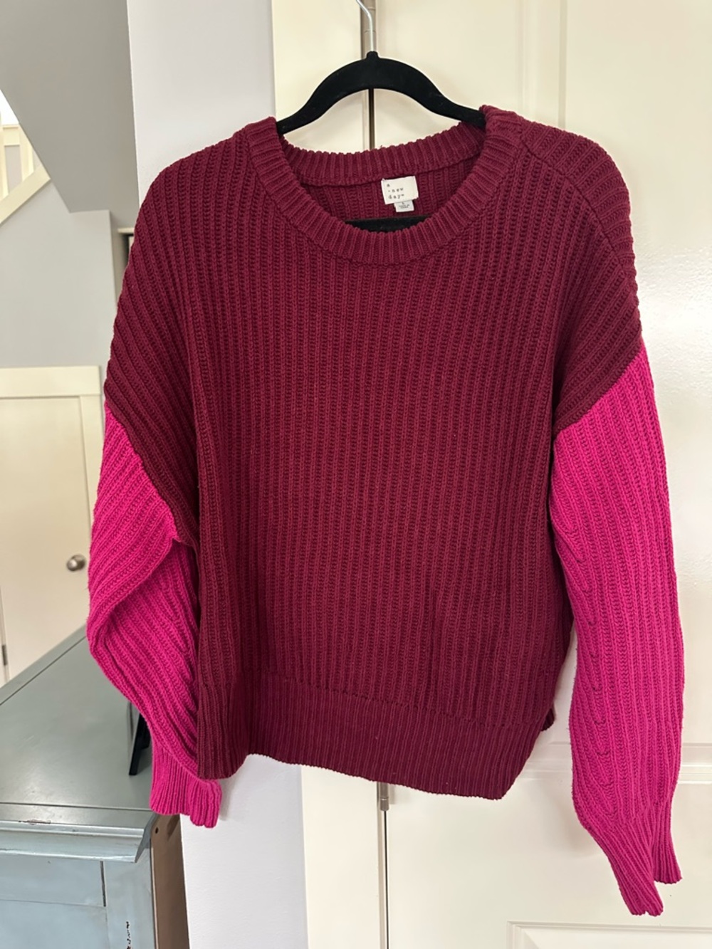 a new day Burgundy and Hot Pink Colorblock Crewneck Sweater